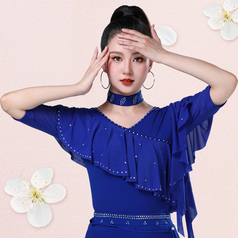 吉特巴广场舞演出服装练功服新款三步踩烫钻女成人烫钻跳舞中袖衫