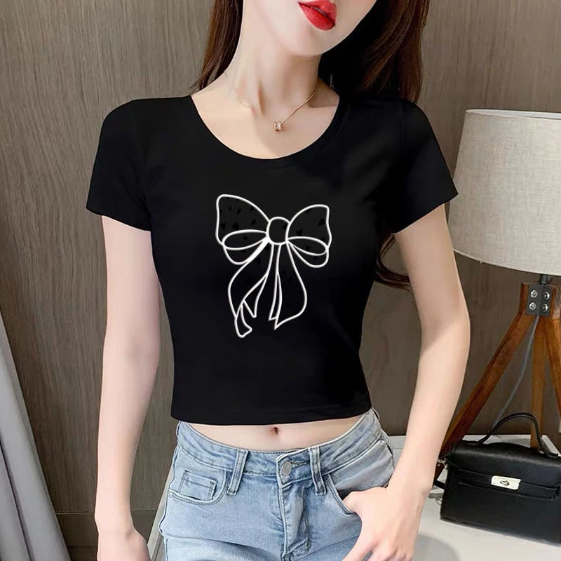 2025夏季新款韩版宽松短款白色t恤女情侣装高腰露肚脐印花上衣女