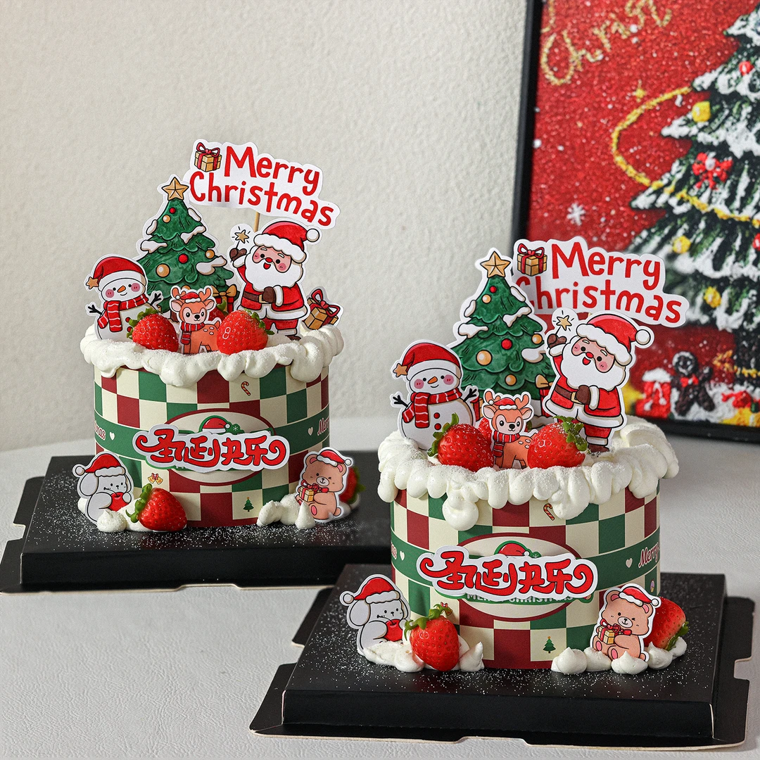 网红圣诞节蛋糕装饰MerryChristmas圣诞快乐插牌格子烘焙围边插件