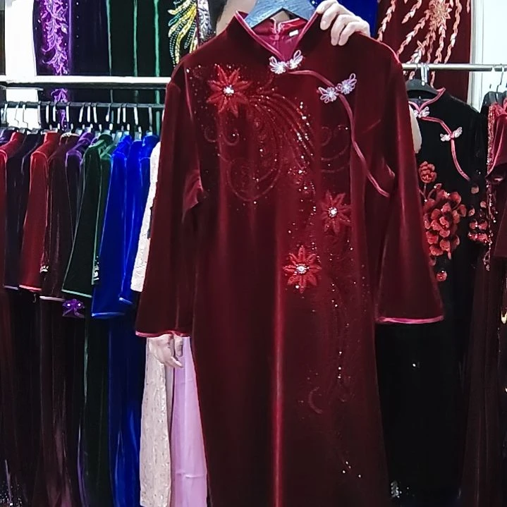 深酒红金丝绒重工中长旗袍2XL120-130胸106腰92