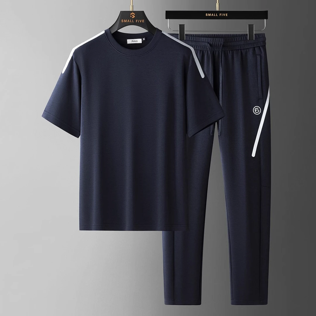 短袖两件套男士夏季时尚撞色压胶莫代尔棉空气层休闲圆领运动套装