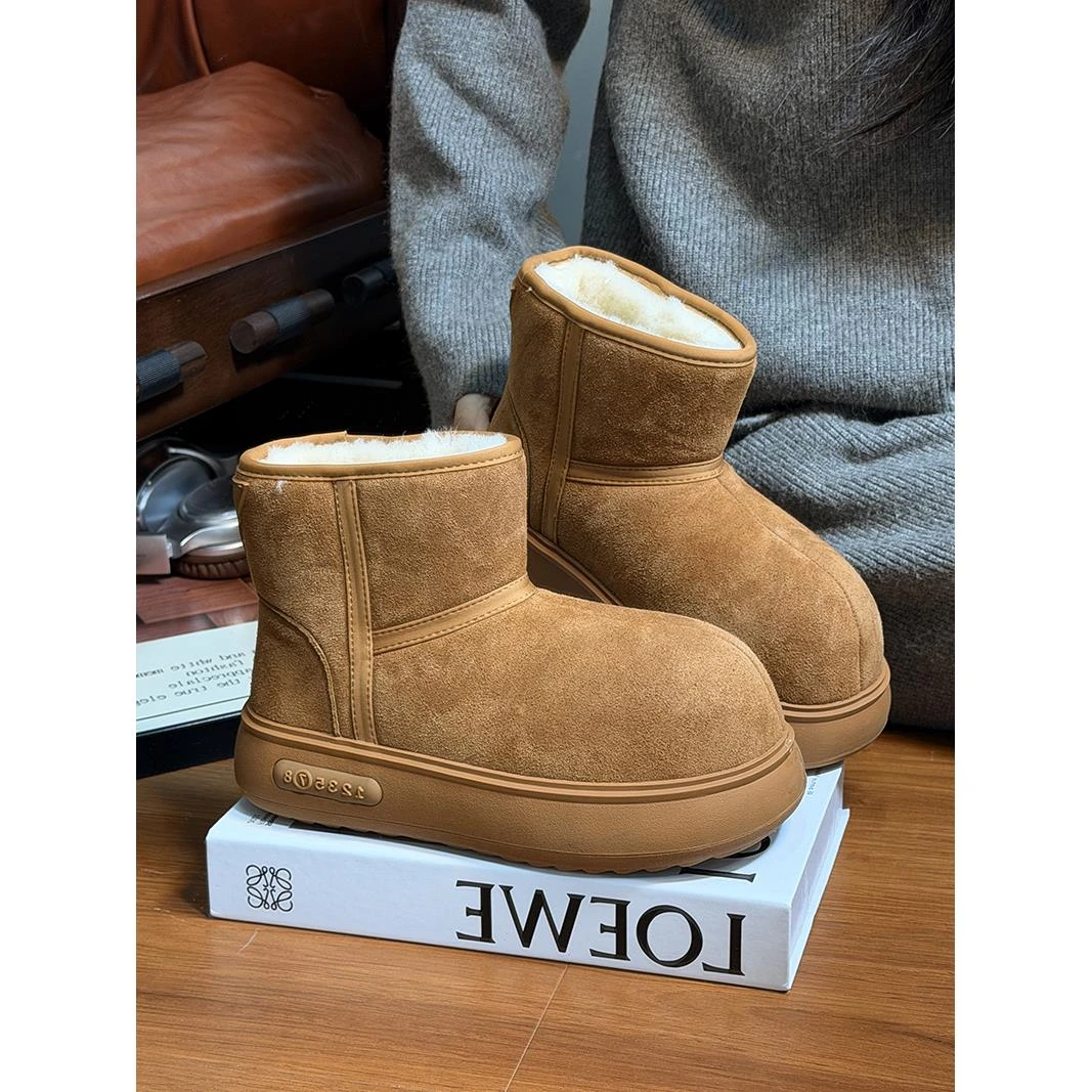 磨砂真皮丑萌大头厚底雪地靴女2025冬新款加厚保暖棉鞋面包鞋短靴