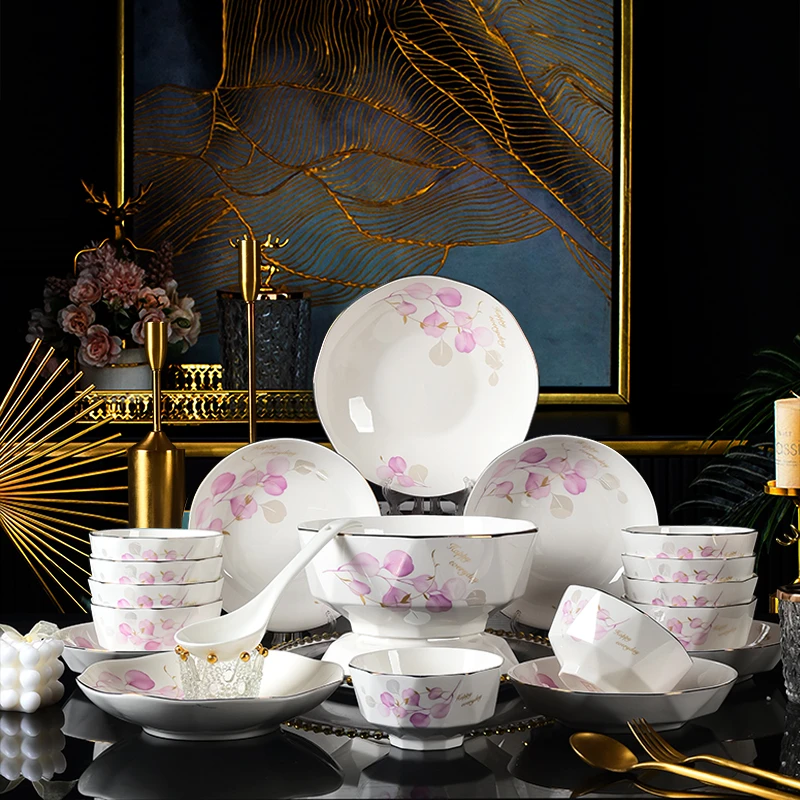 W【电光金粉色情怀20头】高端碗碟套装新骨瓷套装家用碗盘乔迁餐具