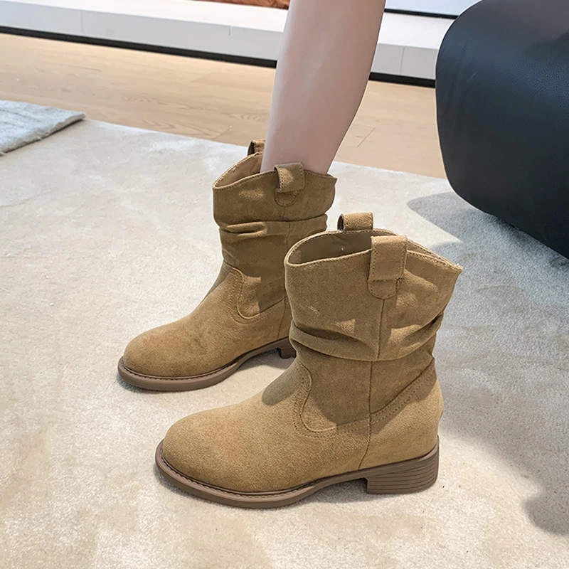 【隐形增高6cm】复古风堆靴女2025秋冬新款美拉德西部牛仔靴骑士靴