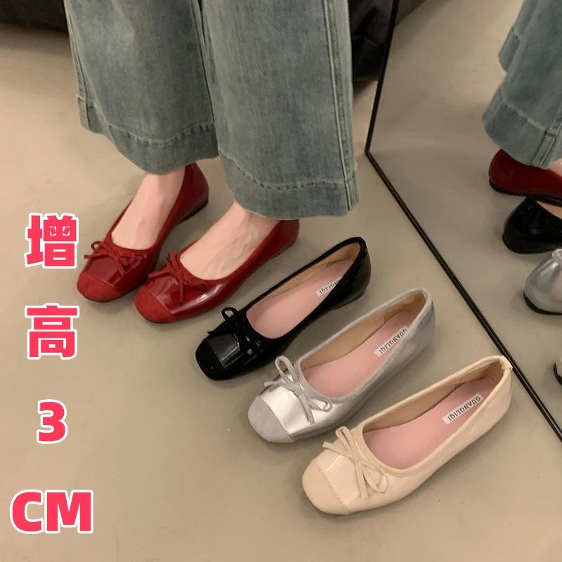 内增高3CM单鞋女鞋子夏季软底玛丽珍鞋蝴蝶结浅口通勤软底防滑
