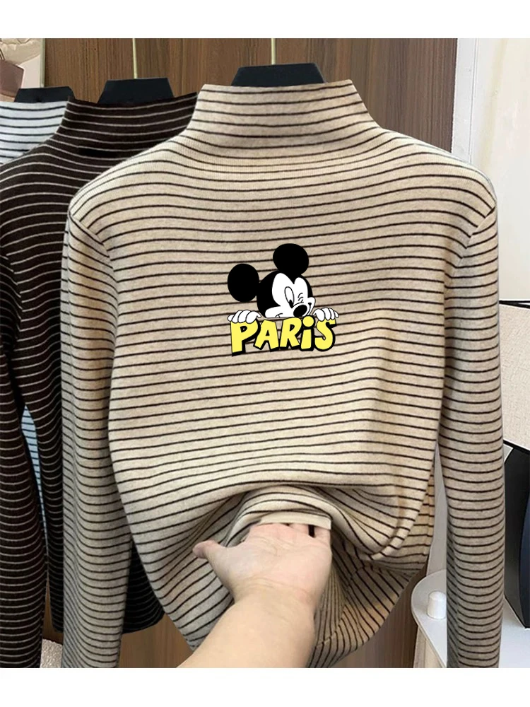 加厚半高领长袖打底双面德绒T恤女秋冬修身显瘦内搭条纹上衣保暖