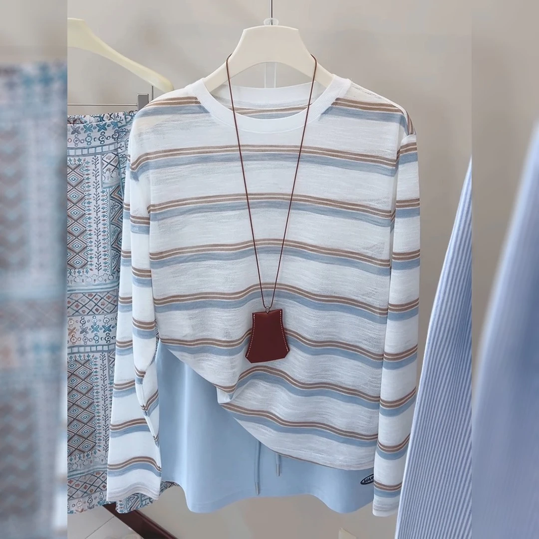 蓝色条纹薄款长袖t恤女秋季2025年新款韩系减龄百搭显瘦罩衫针织