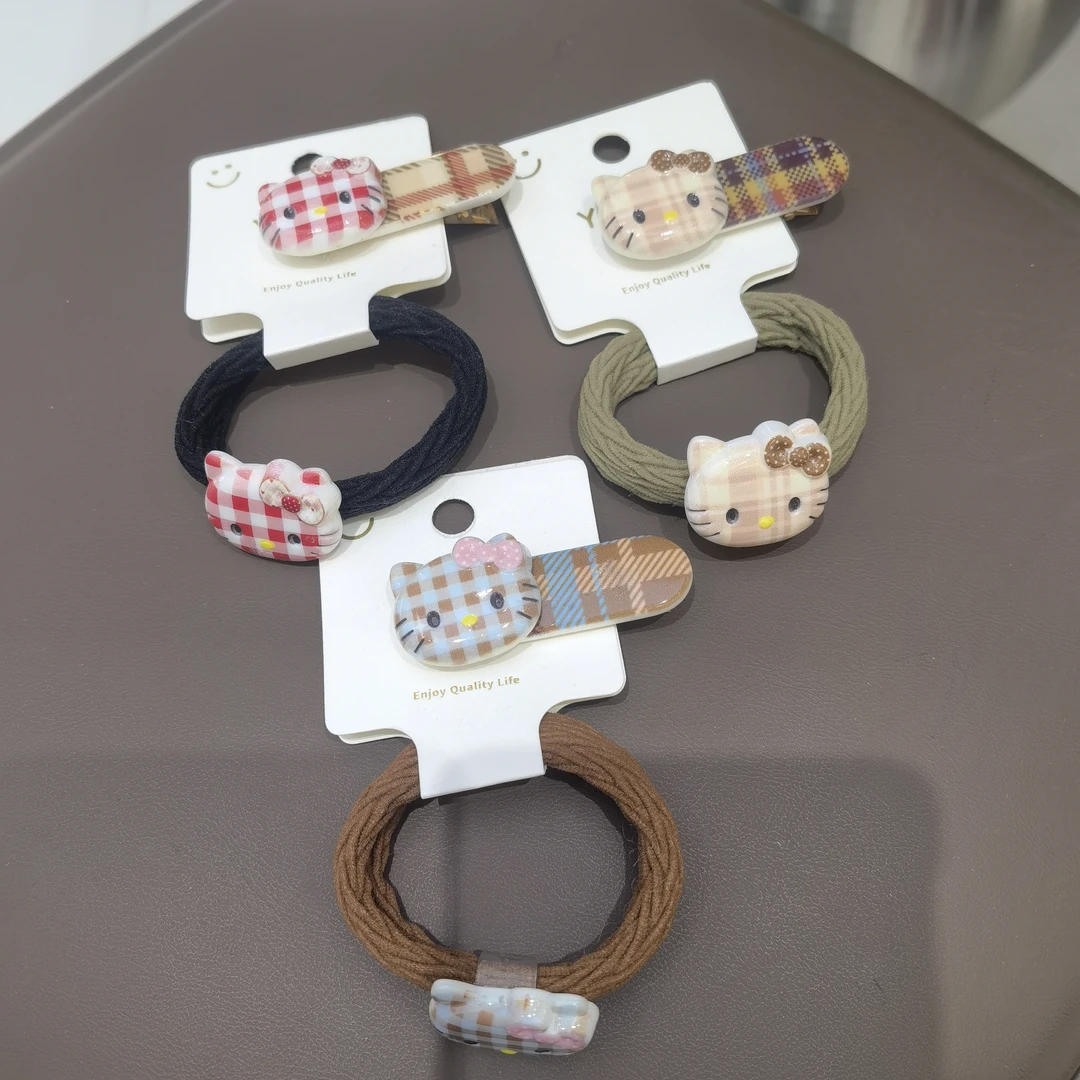 B741格子小KT边夹发绳一组三对