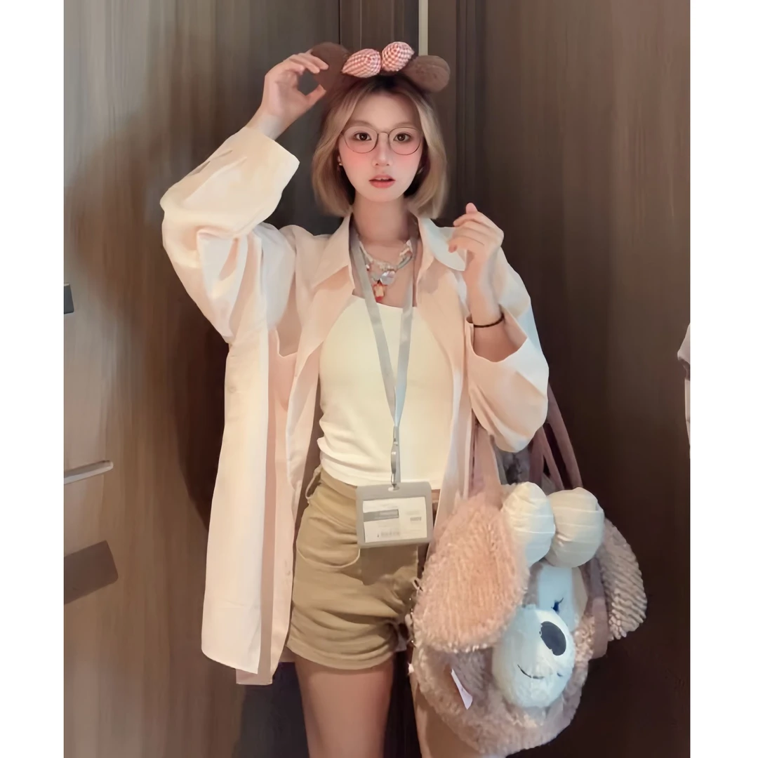 韩系慵懒风条纹衬衫女长袖薄款外套2025春季慵懒风薄款POLO领开衫