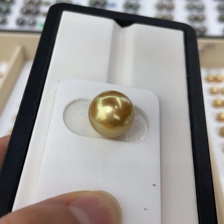 海水珍珠裸珠未镶嵌14.4mm正圆浓金金绿色小极光