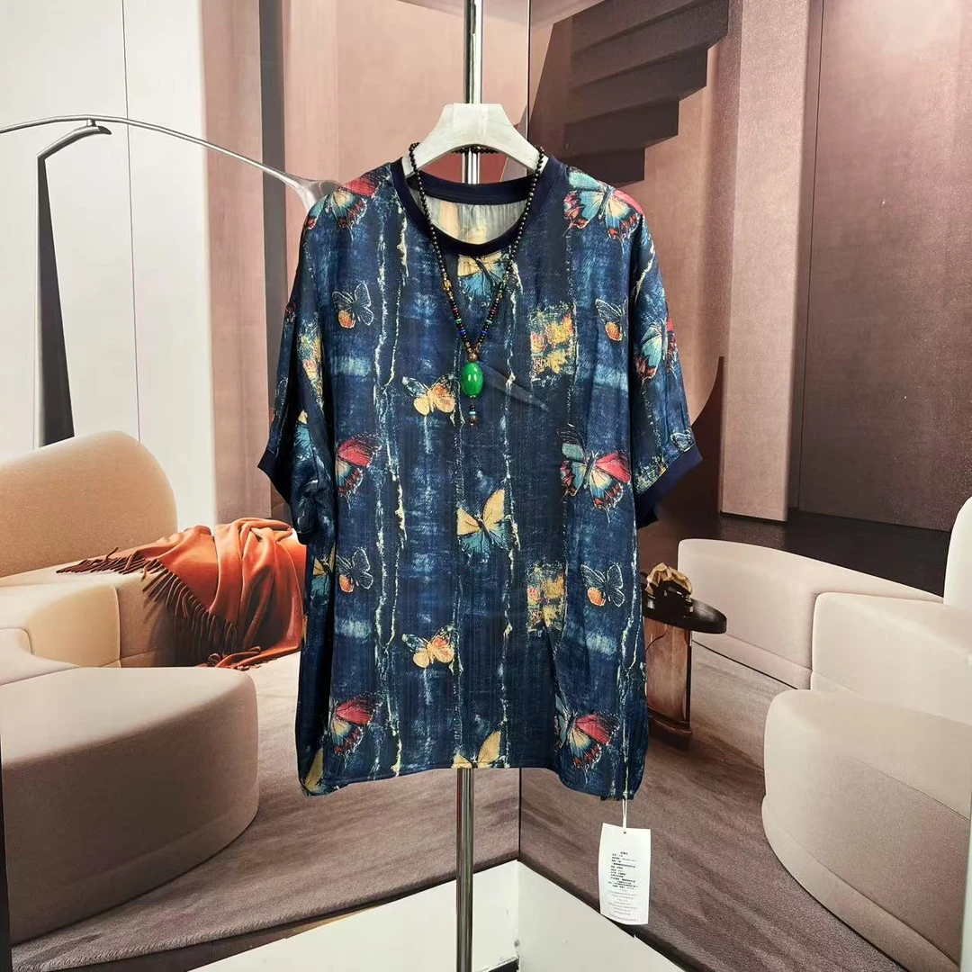 蓝蝴蝶印花2025新款时尚洋气宽松百搭减龄印花上衣