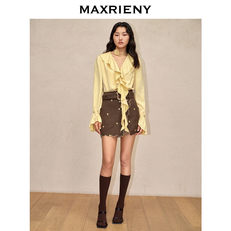 【若谷大大】MAXRIENY宫廷甜美绒感缎面雪纺衫甜美宫廷上衣