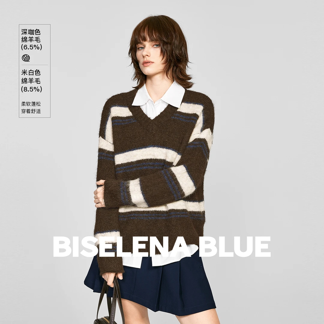 贝茜妮复古慵懒撞色条纹针织衫女2025年秋季新款气质休闲百搭毛衣