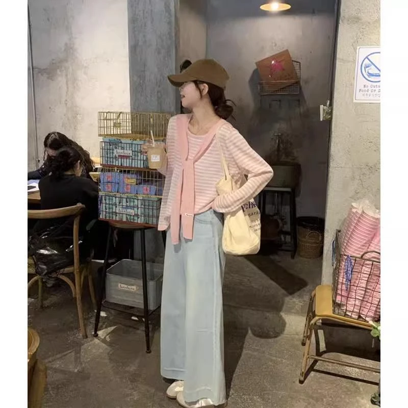 多巴胺ootd穿搭一整套夏季女装粉色条纹防晒T恤针织披肩两件套装