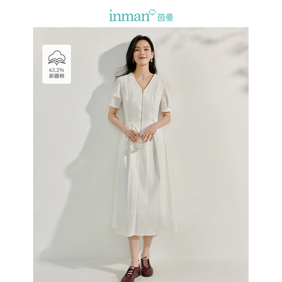 【商场同款】茵曼法式V领拉链连衣裙女2025年夏季新款修身白裙子