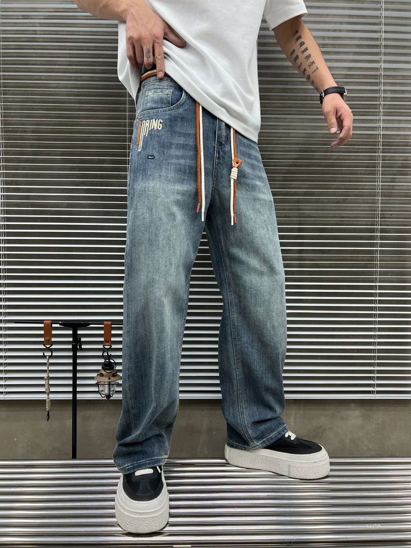 [复古蓝拖地裤】美式男士平腰高街宽松潮流韩版百搭水洗无弹牛仔裤
