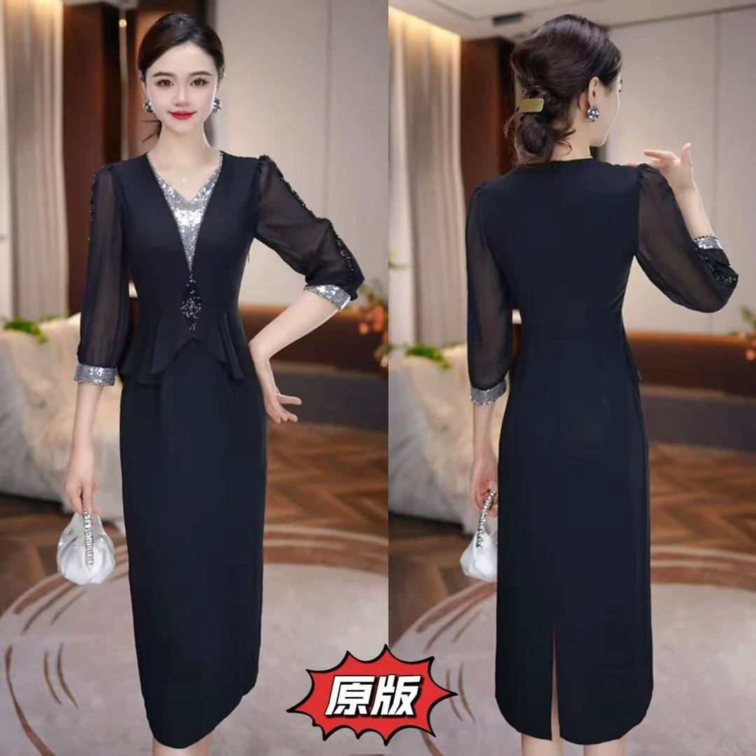 【璀璨之星】高档冰丝TR时尚连衣裙2025秋季新款显瘦洋气减龄礼服裙