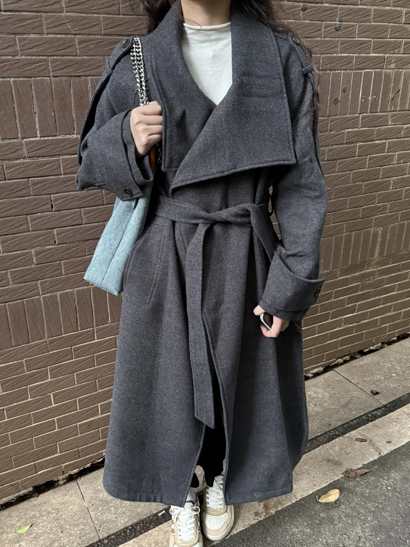 035大韩家毛呢外套落肩袖秋冬冬季长款大衣