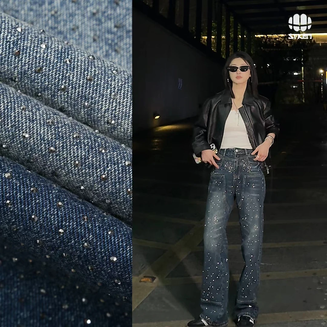 轻奢烫钻牛仔裤大牌版型SAKUN重工前后满钻水洗直筒牛仔长裤722