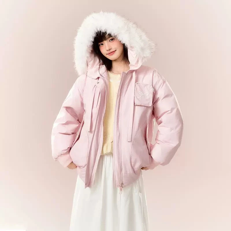 NTOT原创百搭宽松保暖连帽外套大毛领蝴蝶结派克羽绒服NOTWT24637