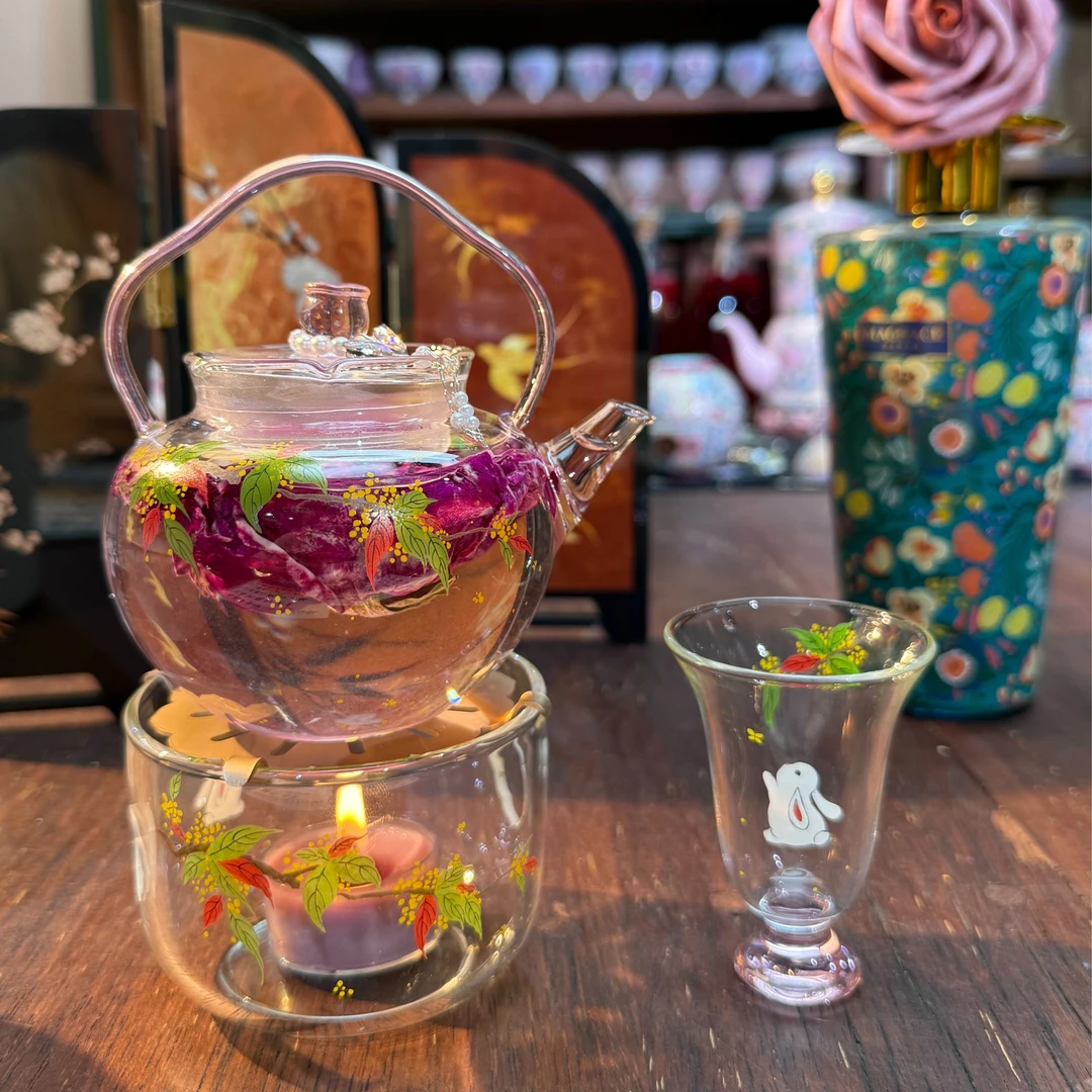 手绘金桂玻璃茶壶➕温茶炉➕铃铛杯➕蝴蝶提溜四件套