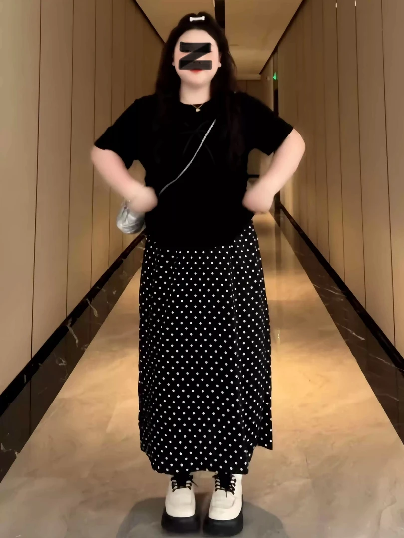 胖mm加大码波点半身裙女120斤-200斤高腰显瘦遮胯中长款半裙遮肉