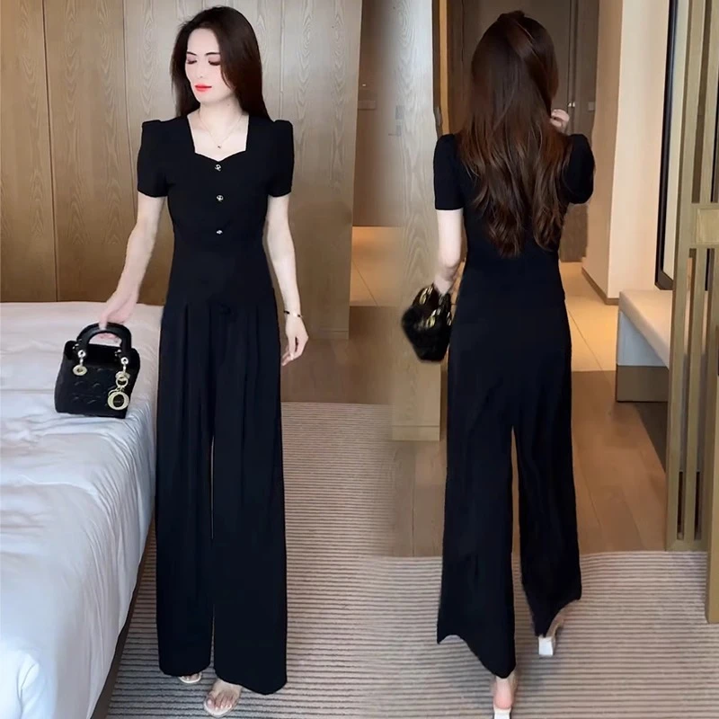 夏季薄款女套装短袖女款爆款2025新款T恤上衣阔腿裤显瘦两件套