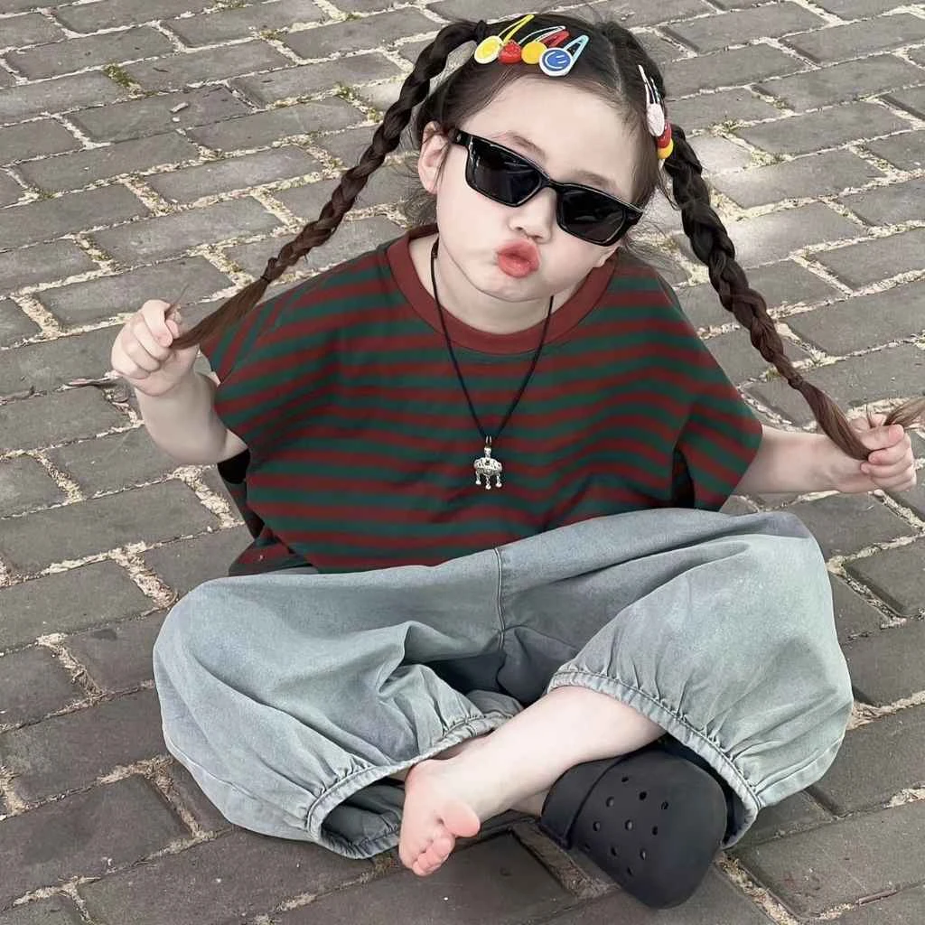 衣服韩国童装男女童套装T恤2024夏装洋气短袖拼色t宽松防蚊裤潮