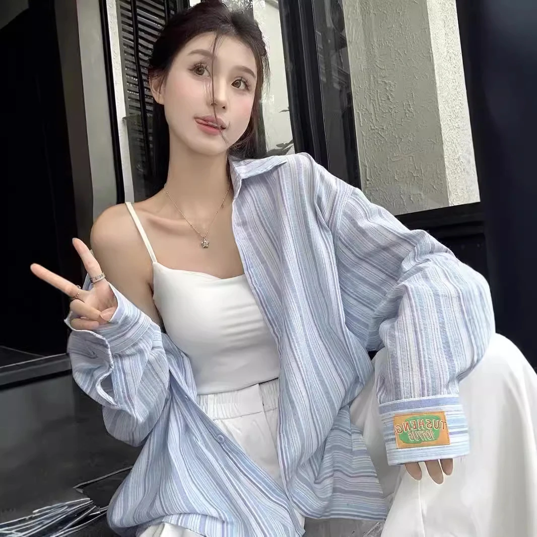 新款时尚复古纯色宽松长袖衬衫领女士免烫防晒百搭薄款透气夏季休