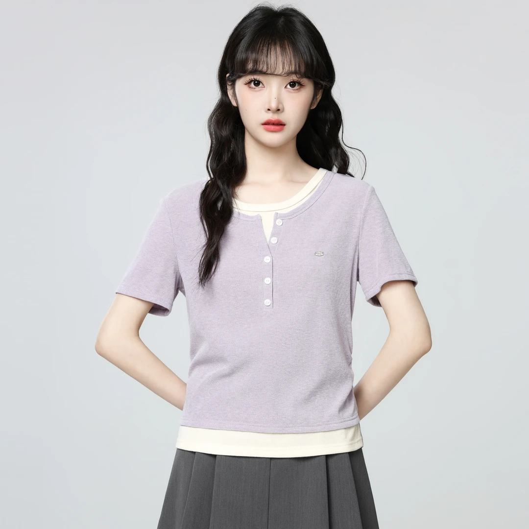紫色假两件正肩短袖T恤女2025夏季新款撞色体恤韩系chic别致上衣
