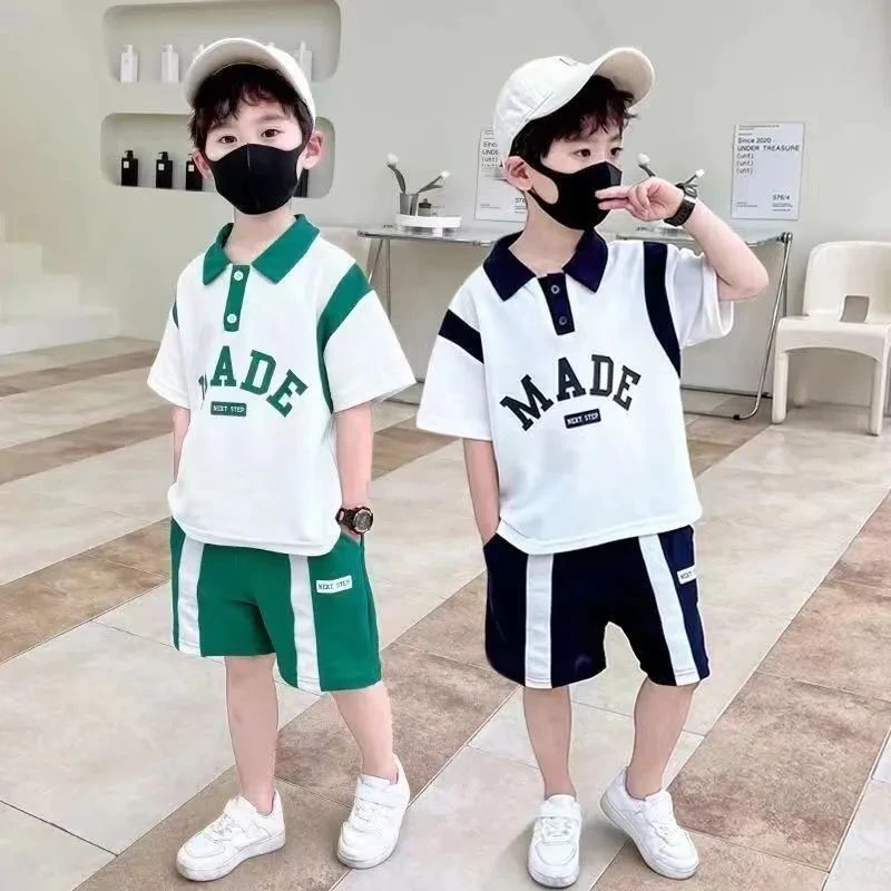 套头男童字母休闲风套装中大童拼接洋气POLO衫短裤两件套 /直播1