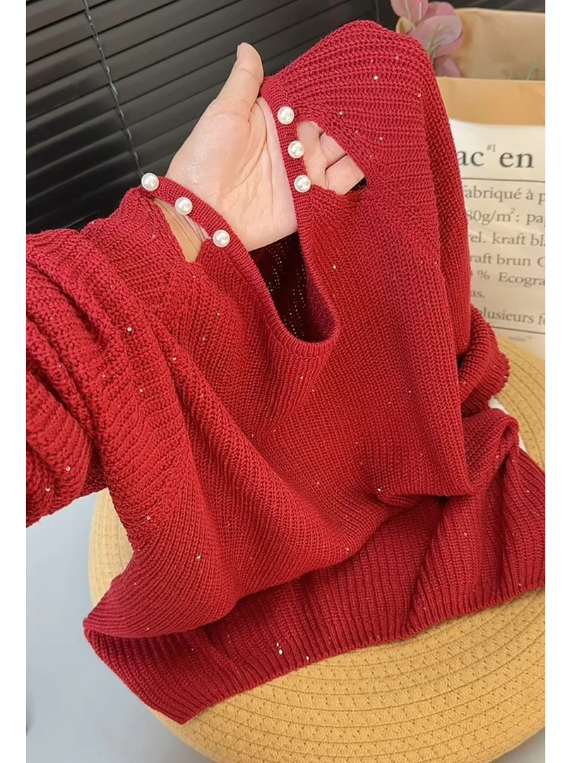 高级感亮丝针织衫红色毛衣女装秋冬2025新款法式钉珠镂空露肩上衣