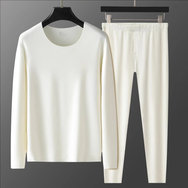 男士内衣打底保暖套装秋冬季加厚加绒白色圆领加绒加厚德绒打底男