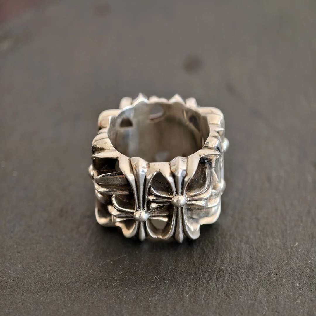 925银戒指 克罗心十字架方形墓葬戒指复古做旧款戒指嘻哈宽版对戒