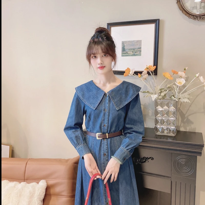 订制色！娃娃领连衣裙秋季复古蓝韩版洋气收腰牛仔裙SZ1900166-1