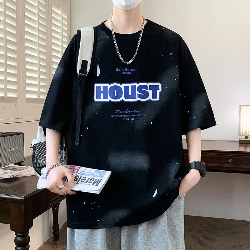 新款短袖t恤男夏季圆领半袖扎染字母上衣青少年痞帅印花美式体恤T