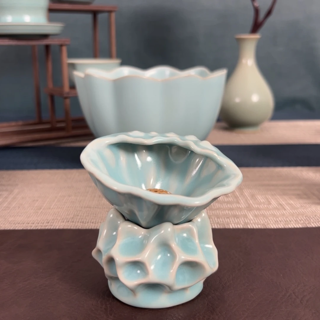 摆件莲蓬茶漏天青色