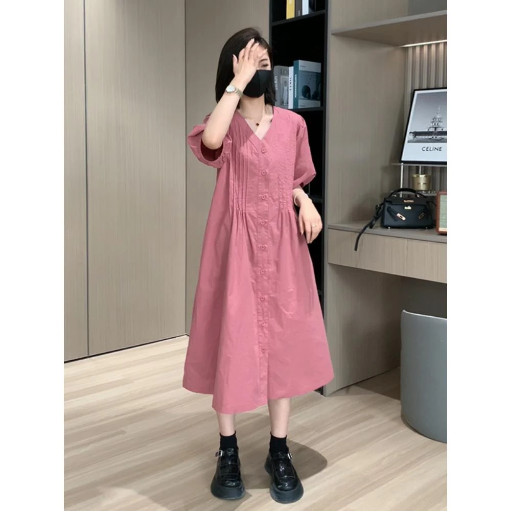 韩系茶歇温柔风连衣裙女2025夏季新款大码胖妹妹宽松显瘦V领长裙