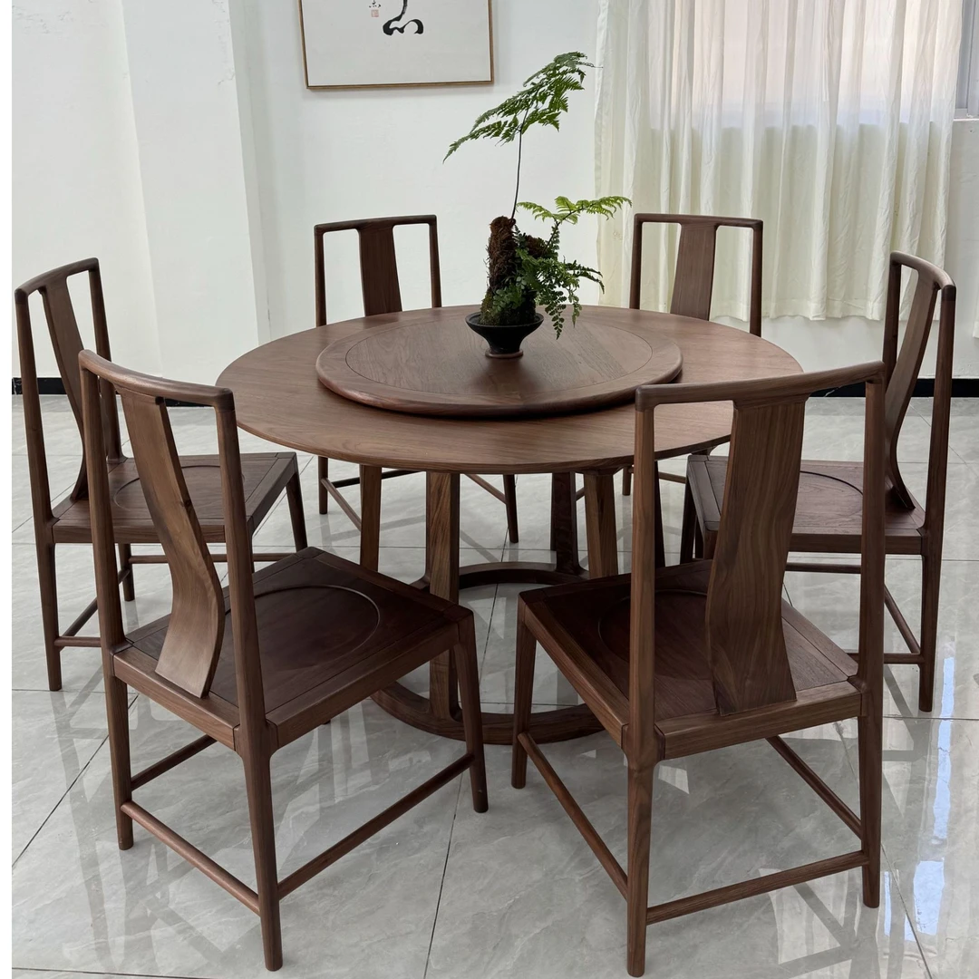 北美黑胡桃木圆桌可旋转餐桌圆形高档家用餐厅转盘大气餐吃饭桌