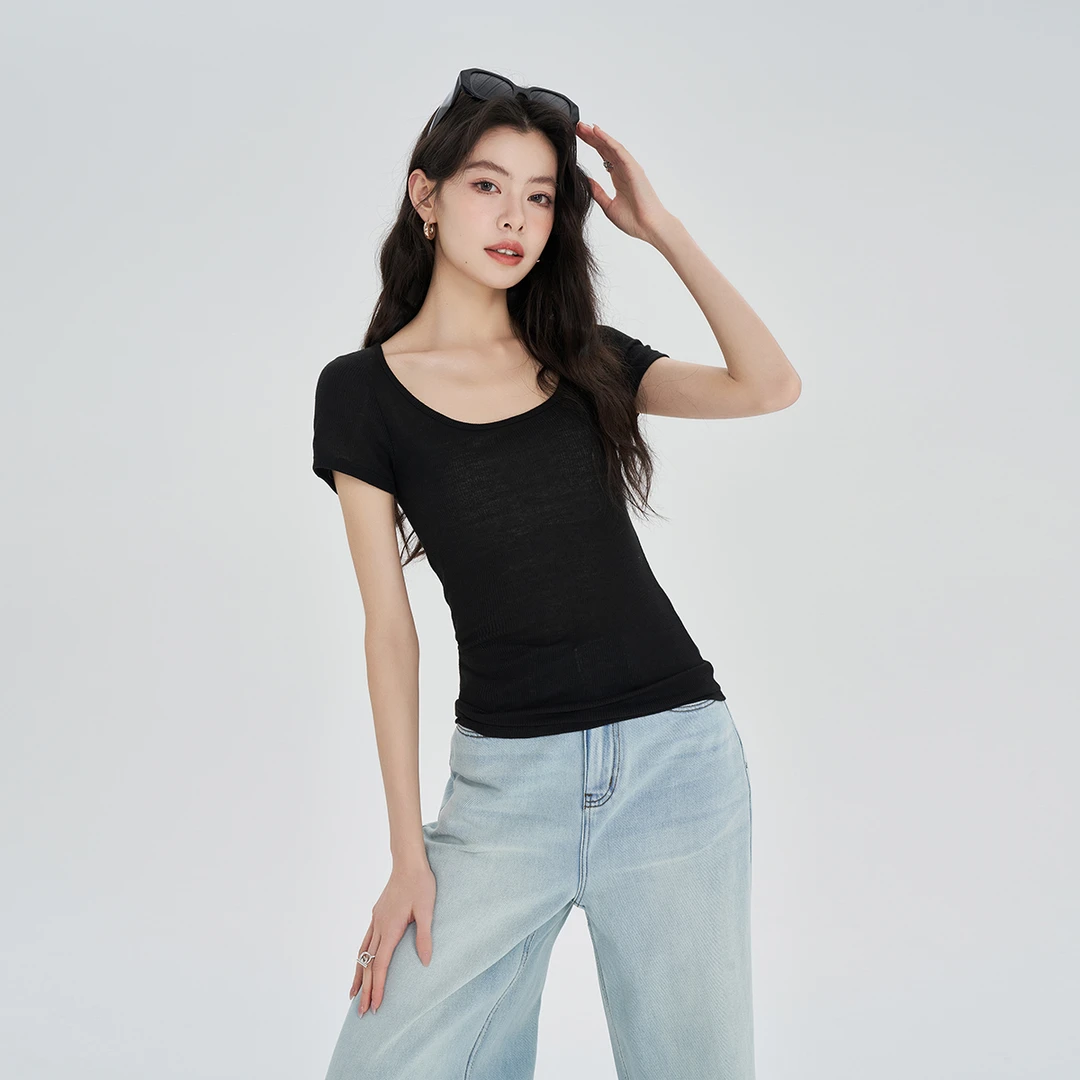 「清欢T」 2024春夏新品极简风显瘦U领短袖T恤L4111221