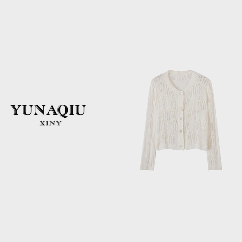 YUNAQIU 气质镂空时尚百搭温柔宽松秋季长袖针织衫-8310