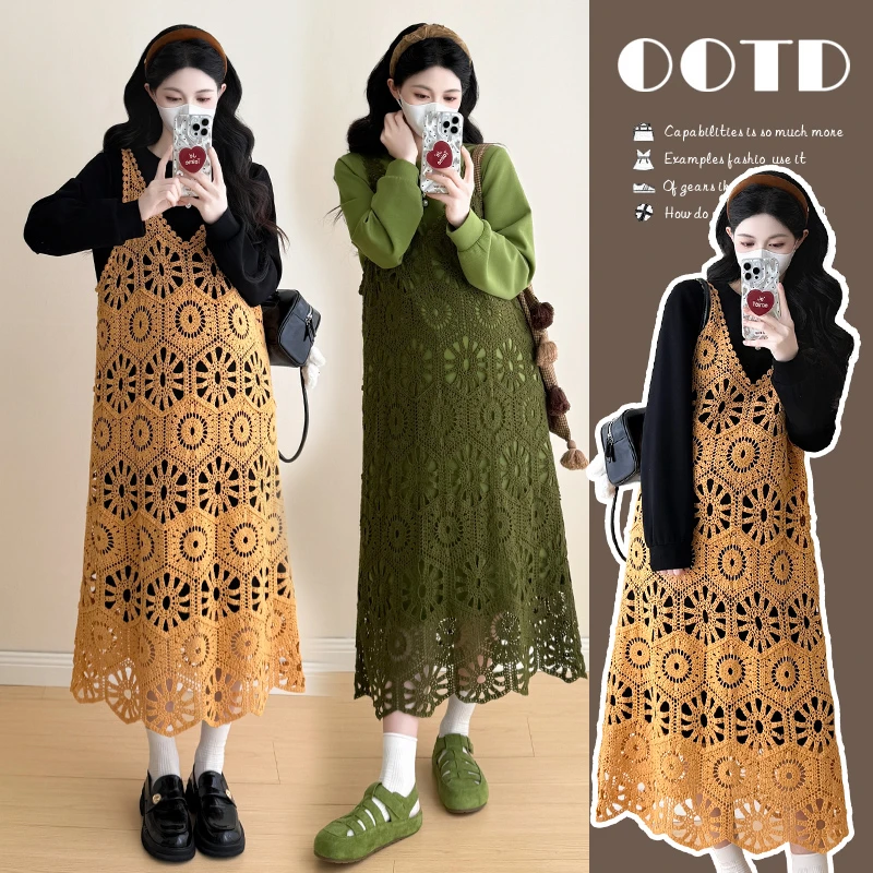 孕妇装秋装2025新款秋冬外穿大码洋气时尚镂空休闲显瘦宽松连衣裙
