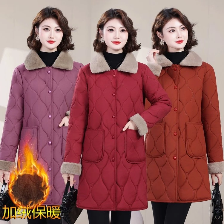 妈妈装冬季加绒加厚棉服中长款宽松保暖棉袄中老年时尚冬装外套