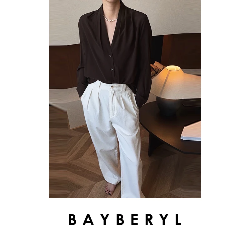 BAYBERYL老贝轻职场*气质V领褶皱单排扣真丝春衬衫NCY5B2526