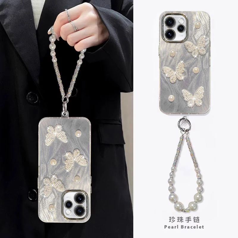 适用于OPPOReno15手机壳立体珍珠蝴蝶带镜头膜手链网红同款高级感