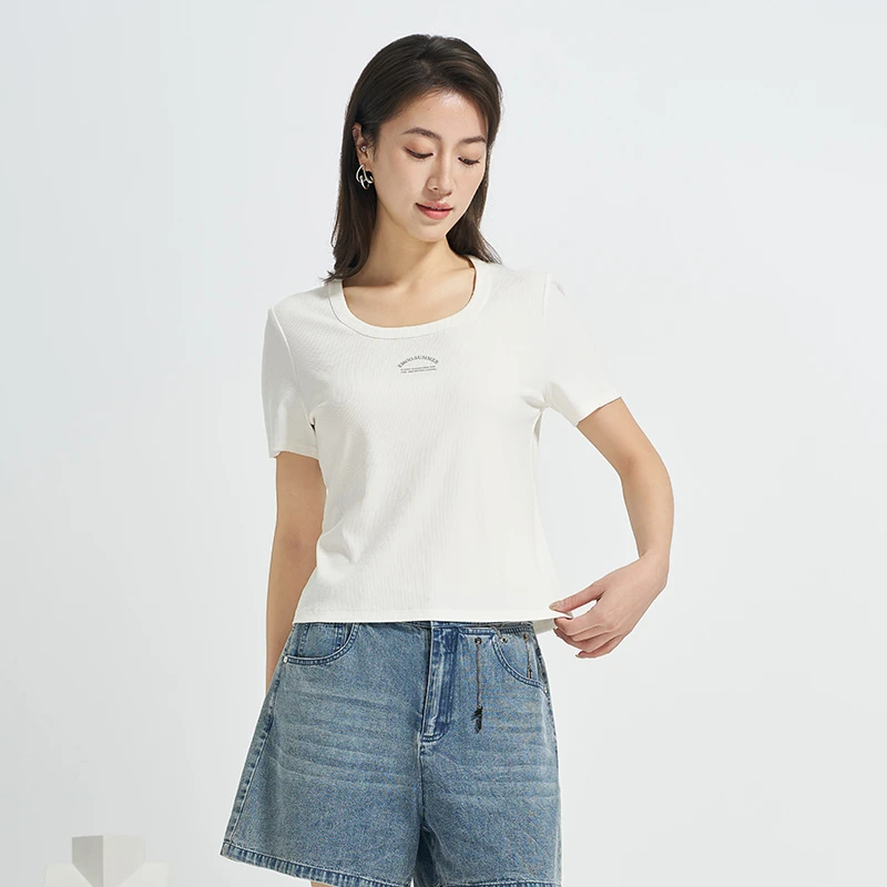 EMOO/杨门短袖U型领T恤法式罗纹荡领t恤修身夏女款时尚E24X022234