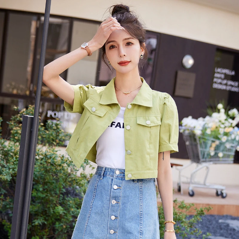 小清新薄款短袖牛仔外套女开衫夏2025短款时尚小个子工装夹克上衣