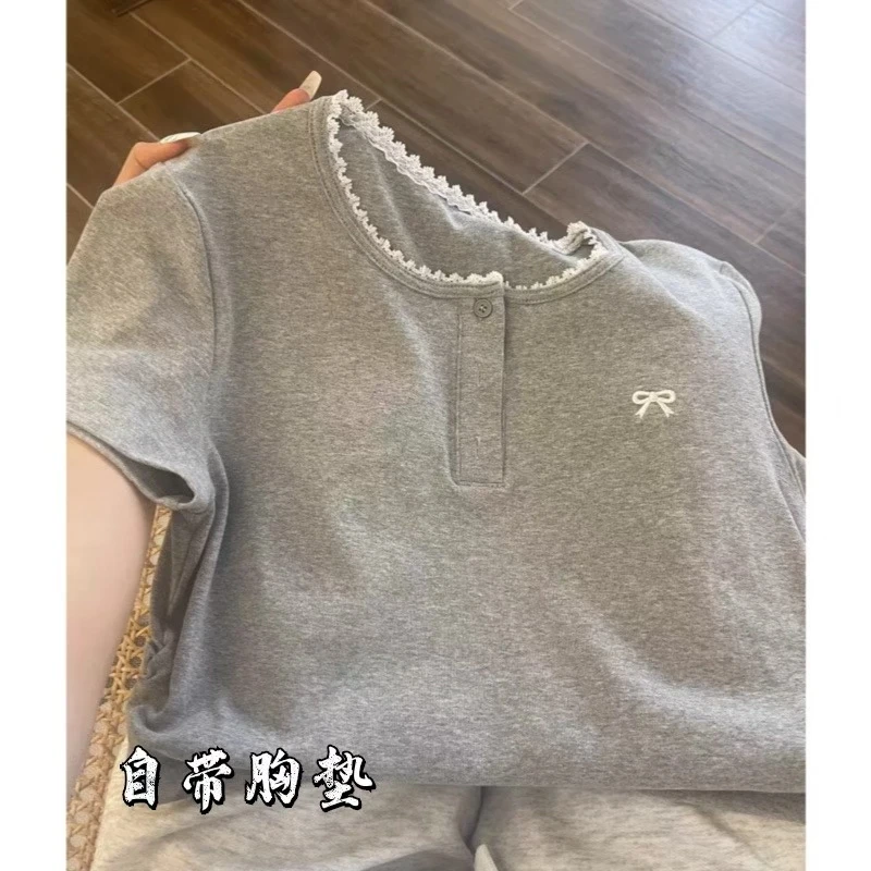 拍一发三胸垫睡衣女夏纯棉短袖长裤家居服（蕾丝边蝴蝶短长三件套）