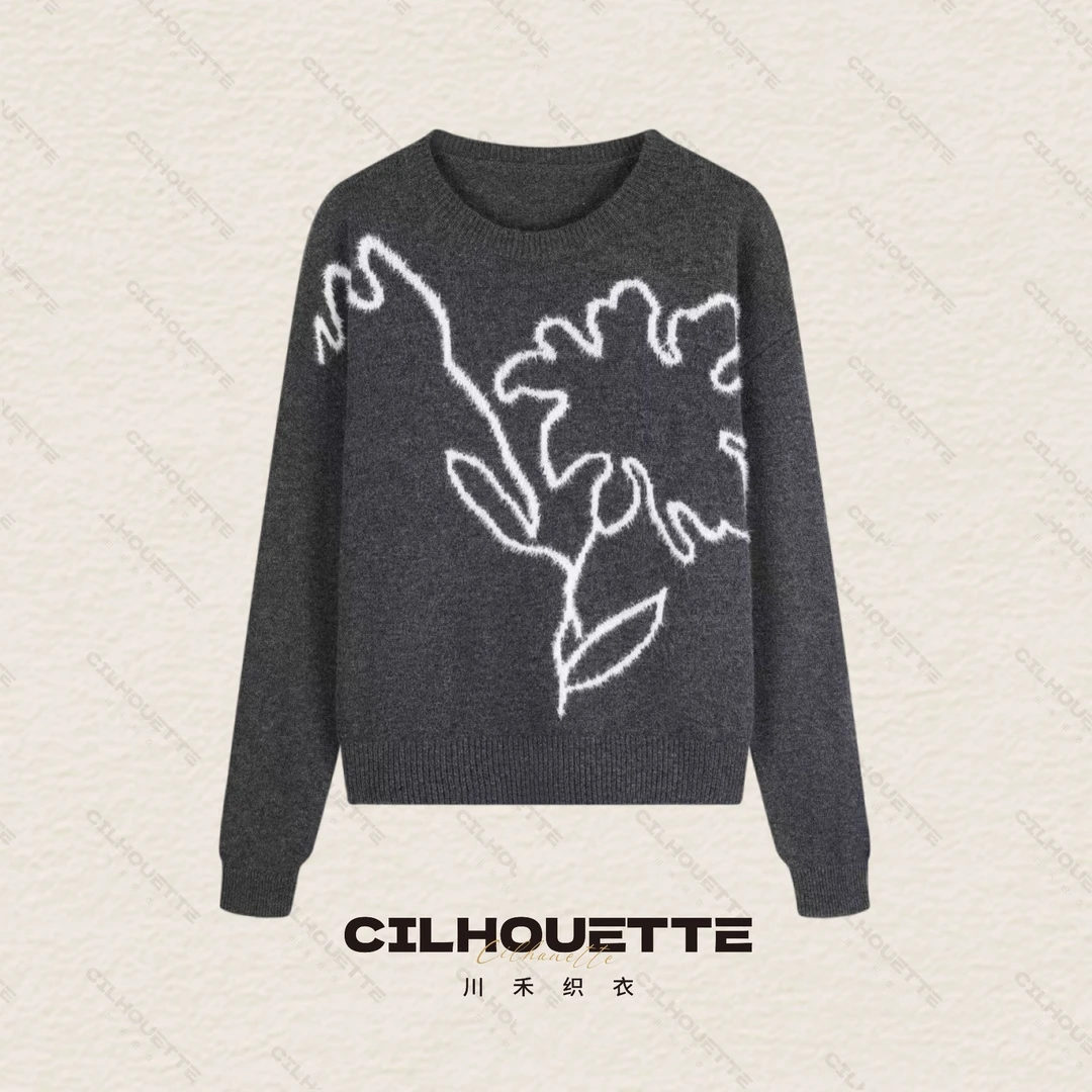 【黑标】川禾织衣 秋冬艺术线条花花原创提花羊毛衫洋气瘦袖毛衣