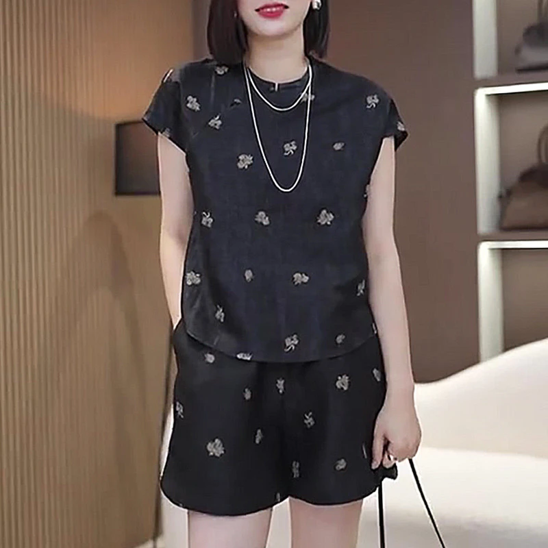 黑色国风新中式短裤套装女夏季爆款奢华大牌印花撞色大码两件套